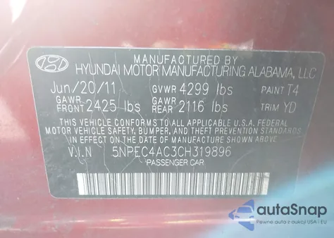 2012 Hyundai Sonata Limited z USA, uszkodzony, nr VIN 5NPEC4AC3CH319896